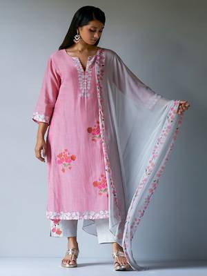 Strawberry Ice Pink and Grey Bemberg Silk Salwar Suit With Delicate Embroidery Detailing 2
