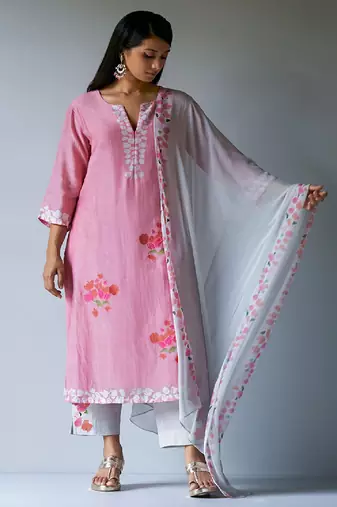 Strawberry Ice Pink and Grey Bemberg Silk Salwar Suit With Delicate Embroidery Detailing