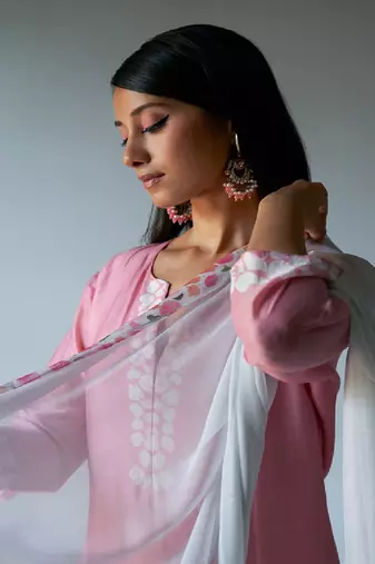 Strawberry Ice Pink and Grey Bemberg Silk Salwar Suit With Delicate Embroidery Detailing