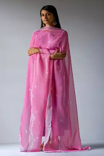 Lavender and Pink Bemberg Silk Printed Salwar Suit With Embroidery Detailing