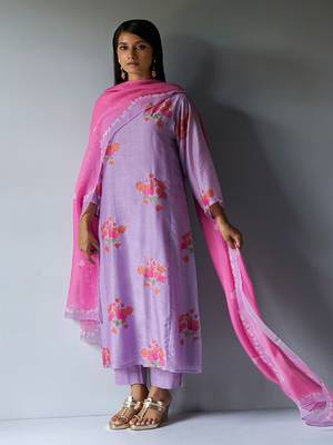 Lavender and Pink Bemberg Silk Printed Salwar Suit With Embroidery Detailing 1