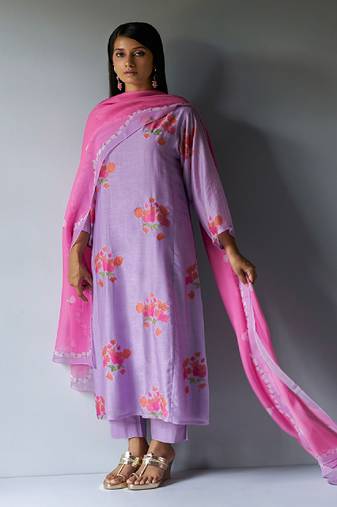 Lavender and Pink Bemberg Silk Printed Salwar Suit With Embroidery Detailing