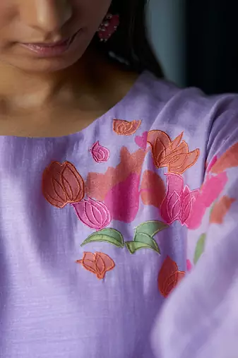 Lavender and Pink Bemberg Silk Printed Salwar Suit With Embroidery Detailing