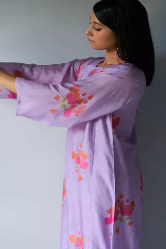 Lavender and Pink Bemberg Silk Printed Salwar Suit With Embroidery Detailing