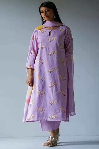 Lavender Premium Cotton Printed Salwar Suit With Delicate Bead Work Detailing