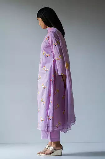 Lavender Premium Cotton Printed Salwar Suit With Delicate Bead Work Detailing