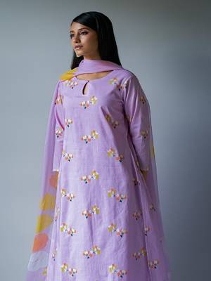Lavender Premium Cotton Printed Salwar Suit With Delicate Bead Work Detailing 1