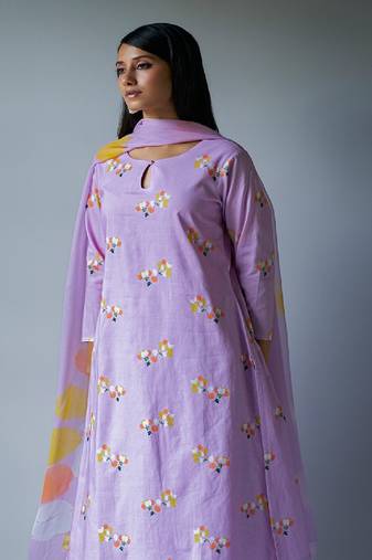 Lavender Premium Cotton Printed Salwar Suit With Delicate Bead Work Detailing