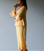 Yellow Crepe Silk Printed Co-ord Set With Detailing Lace Work on Bottom Seam Line