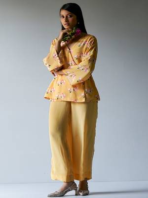 Yellow Crepe Silk Printed Co-ord Set With Detailing Lace Work on Bottom Seam Line 2