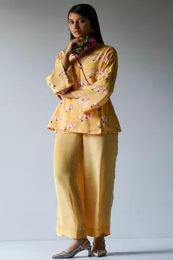 Yellow Crepe Silk Printed Co-ord Set With Detailing Lace Work on Bottom Seam Line