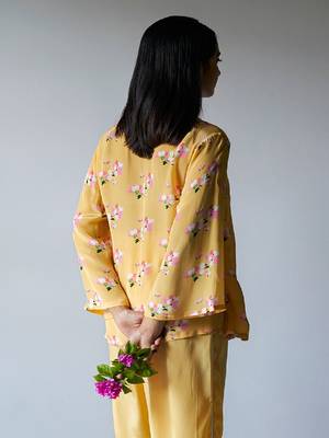 Yellow Crepe Silk Printed Co-ord Set With Detailing Lace Work on Bottom Seam Line 3