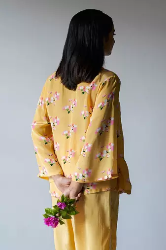Yellow Crepe Silk Printed Co-ord Set With Detailing Lace Work on Bottom Seam Line