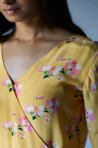 Yellow Crepe Silk Printed Co-ord Set With Detailing Lace Work on Bottom Seam Line
