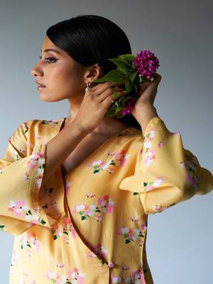 Yellow Crepe Silk Printed Co-ord Set With Detailing Lace Work on Bottom Seam Line 5