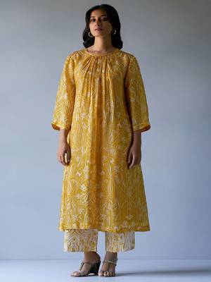 Mustard Yellow and Beige Bemberg Silk Printed Co-ord Set 1