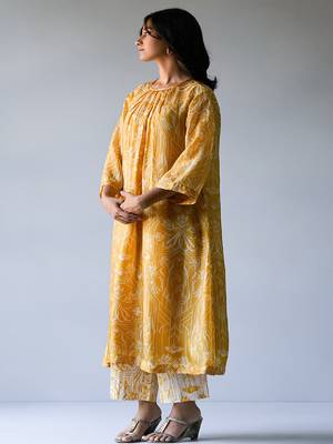 Mustard Yellow and Beige Bemberg Silk Printed Co-ord Set 3