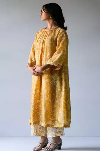Mustard Yellow and Beige Bemberg Silk Printed Co-ord Set