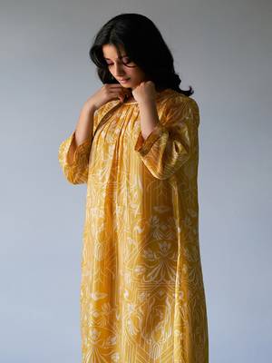Mustard Yellow and Beige Bemberg Silk Printed Co-ord Set 4