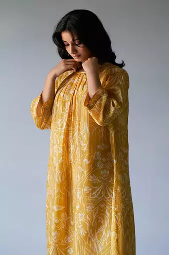 Mustard Yellow and Beige Bemberg Silk Printed Co-ord Set