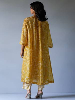 Mustard Yellow and Beige Bemberg Silk Printed Co-ord Set 5