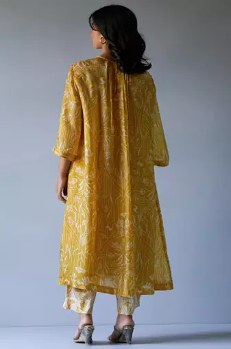 Mustard Yellow and Beige Bemberg Silk Printed Co-ord Set