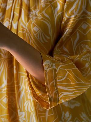 Mustard Yellow and Beige Bemberg Silk Printed Co-ord Set 6
