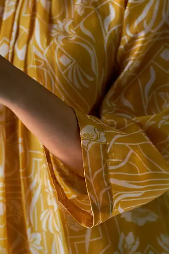 Mustard Yellow and Beige Bemberg Silk Printed Co-ord Set