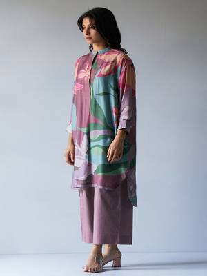 Dusty Lilac and Rose Pink Mix Colored Bemberg Silk Printed Co-ord Set 1