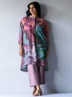 Dusty Lilac and Rose Pink Mix Colored Bemberg Silk Printed Co-ord Set 3
