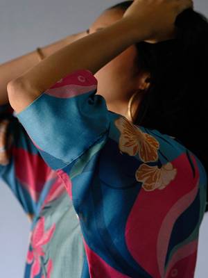 Midnight Blue, Pink and Pistachio Mix Colour Bemberg Silk Printed Co-ord Set 3