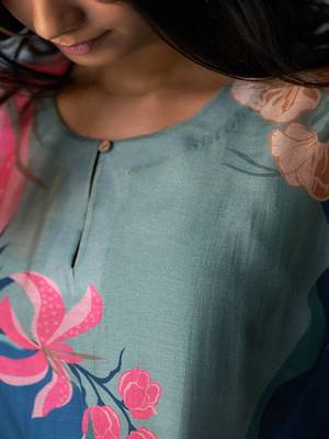 Midnight Blue, Pink and Pistachio Mix Colour Bemberg Silk Printed Co-ord Set 4