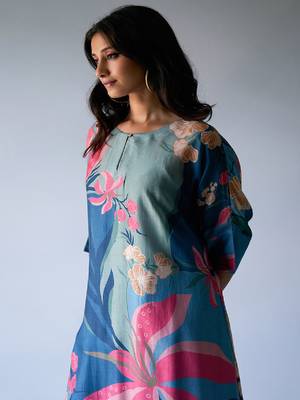 Midnight Blue, Pink and Pistachio Mix Colour Bemberg Silk Printed Co-ord Set 5