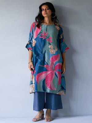Midnight Blue, Pink and Pistachio Mix Colour Bemberg Silk Printed Co-ord Set 6