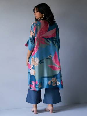 Midnight Blue, Pink and Pistachio Mix Colour Bemberg Silk Printed Co-ord Set 7