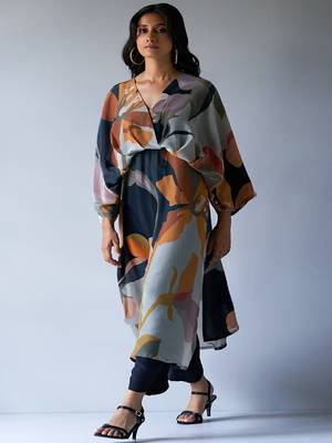 Black, Grey and Brown Mix Colour Crepe Silk Printed Co-ord Set 1
