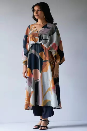 Black, Grey and Brown Mix Colour Crepe Silk Printed Co-ord Set