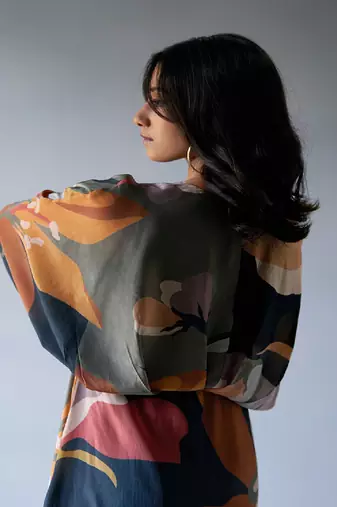 Black, Grey and Brown Mix Colour Crepe Silk Printed Co-ord Set