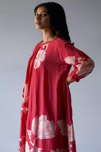 Cranberry Red Bemberg Silk Printed Co-ord Set