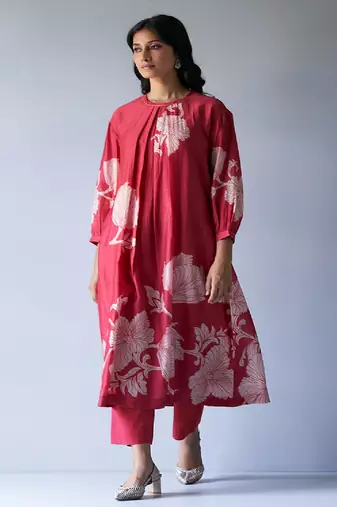 Cranberry Red Bemberg Silk Printed Co-ord Set