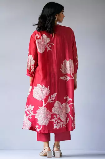 Cranberry Red Bemberg Silk Printed Co-ord Set