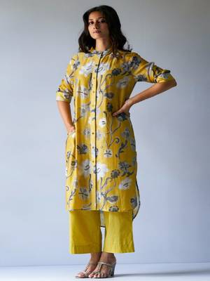 Ceylon Yellow and Grey Bemberg Silk Printed Co-ord Set 1