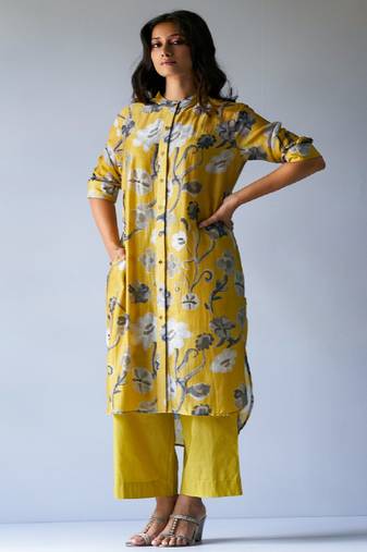 Ceylon Yellow and Grey Bemberg Silk Printed Co-ord Set