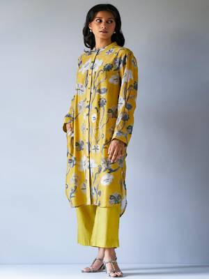 Ceylon Yellow and Grey Bemberg Silk Printed Co-ord Set 2