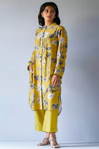 Ceylon Yellow and Grey Bemberg Silk Printed Co-ord Set