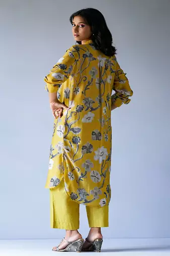 Ceylon Yellow and Grey Bemberg Silk Printed Co-ord Set