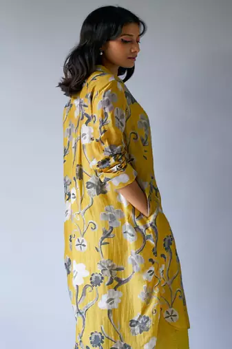 Ceylon Yellow and Grey Bemberg Silk Printed Co-ord Set