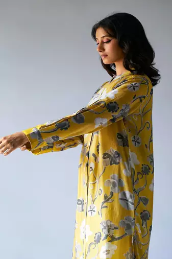 Ceylon Yellow and Grey Bemberg Silk Printed Co-ord Set