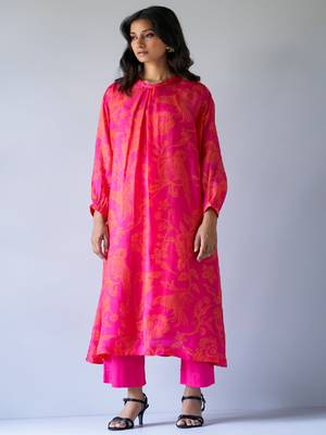 Hot Pink and Orange Bemberg Silk Printed Co-ord Set 1