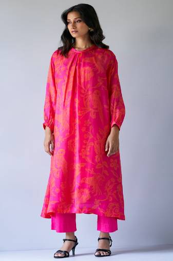 Hot Pink and Orange Bemberg Silk Printed Co-ord Set